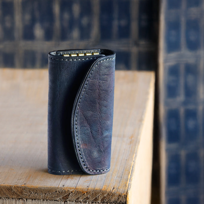 Re-ACT Yamato Indigo Dyed Key Case, Solid Color [RA2507-007-SL] Authentic Indigo Dyed Leather, Natural Indigo Dyed Leather, Brand Name, Men's and Women's Smart Key Case 