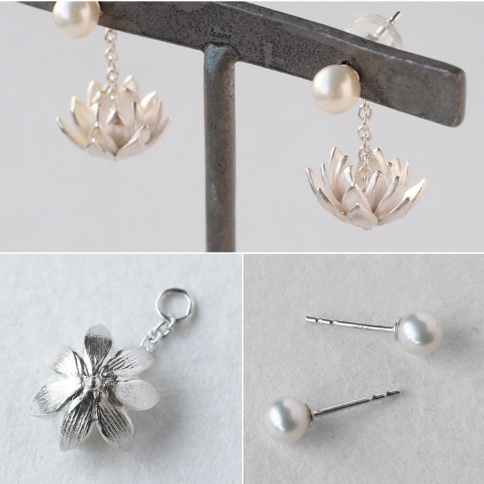 S Moonlit Night Water Lilies and Flowing Water 4-Way Silver 925 Earrings [S-PHS-03] by Saori Miura, Handmade Accessory Designer