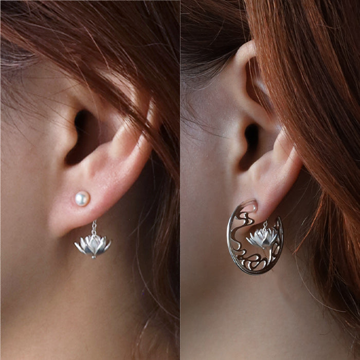 S Moonlit Night Water Lilies and Flowing Water 4-Way Silver 925 Earrings [S-PHS-03] by Saori Miura, Handmade Accessory Designer