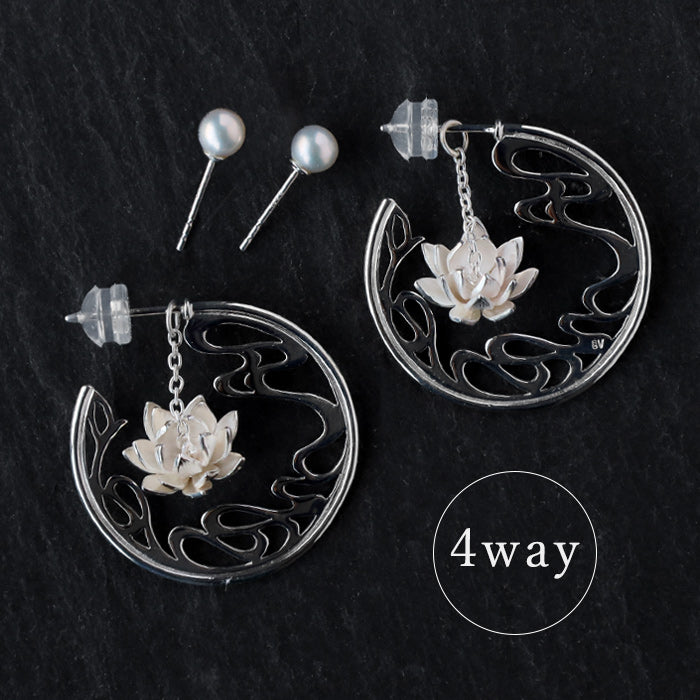 S Moonlit Night Water Lilies and Flowing Water 4-Way Silver 925 Earrings [S-PHS-03] by Saori Miura, Handmade Accessory Designer