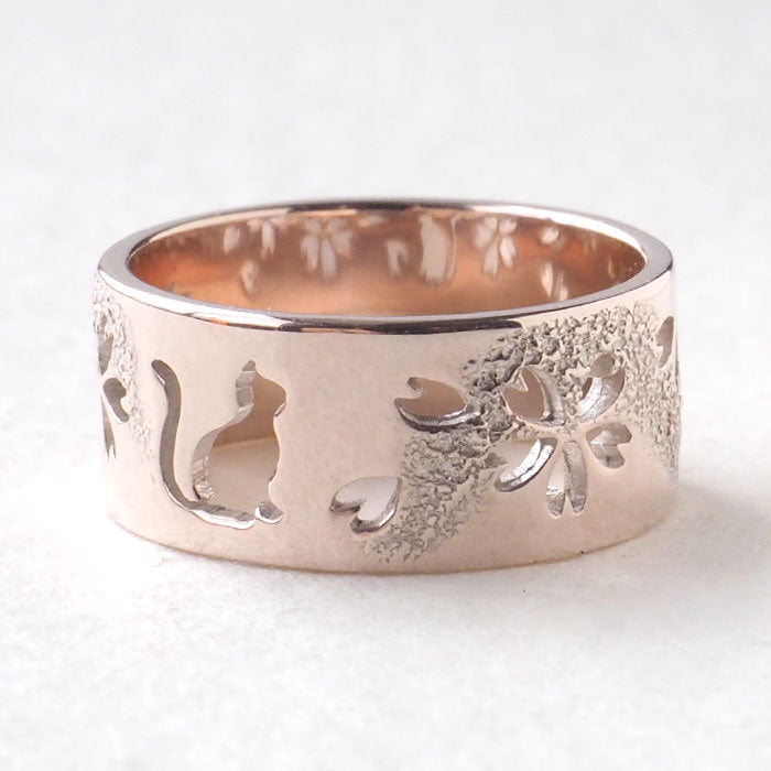 #78 スウェーデン発 ジュエリー作家stina suai ハンドメイドリング エス 和柄 アクセサリー 霞桜×猫 透かし彫リング 8mm幅 ピンクシルバー
