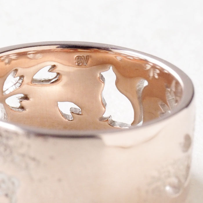 S Japanese pattern accessories Kasumi Sakura x Cat openwork ring 8mm width Pink silver White finish Women Men [S-Rn-P] Handmade Handcrafted Jewelry Artist Saori Miura 