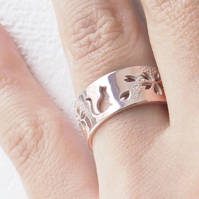 エス 和柄 アクセサリー 霞桜×猫 透かし彫リング 8mm幅 ピンクシルバー 白仕上げ レディース メンズ [S-Rn-P] ハンドメイド 手づくり ジュエリー 作家 三浦砂織