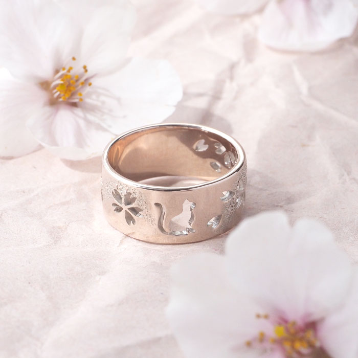 S Japanese pattern accessories Kasumi Sakura x Cat openwork ring 8mm width Pink silver White finish Women Men [S-Rn-P] Handmade Handcrafted Jewelry Artist Saori Miura 