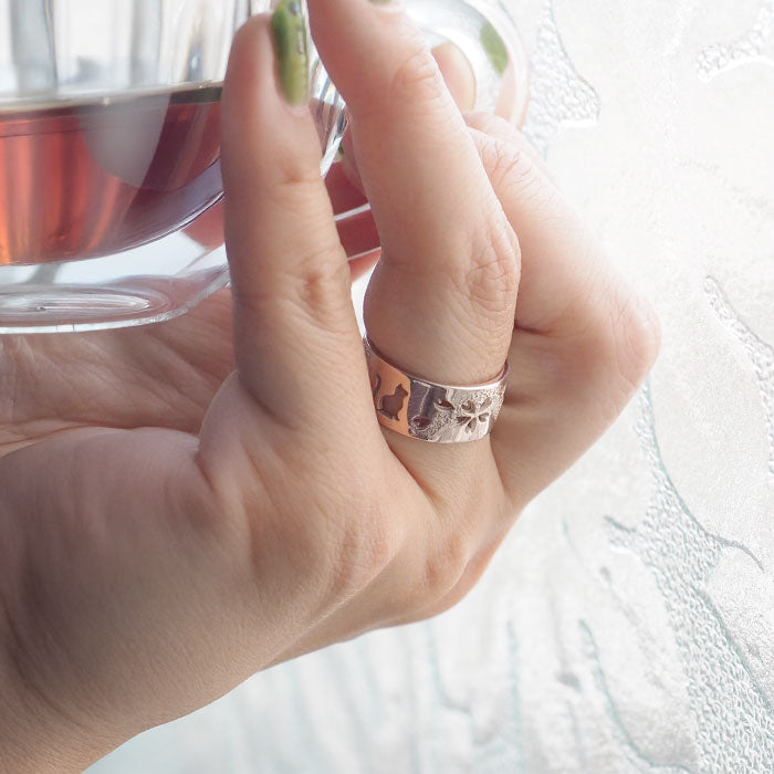 S Japanese pattern accessories Kasumi Sakura x Cat openwork ring 8mm width Pink silver White finish Women Men [S-Rn-P] Handmade Handcrafted Jewelry Artist Saori Miura 