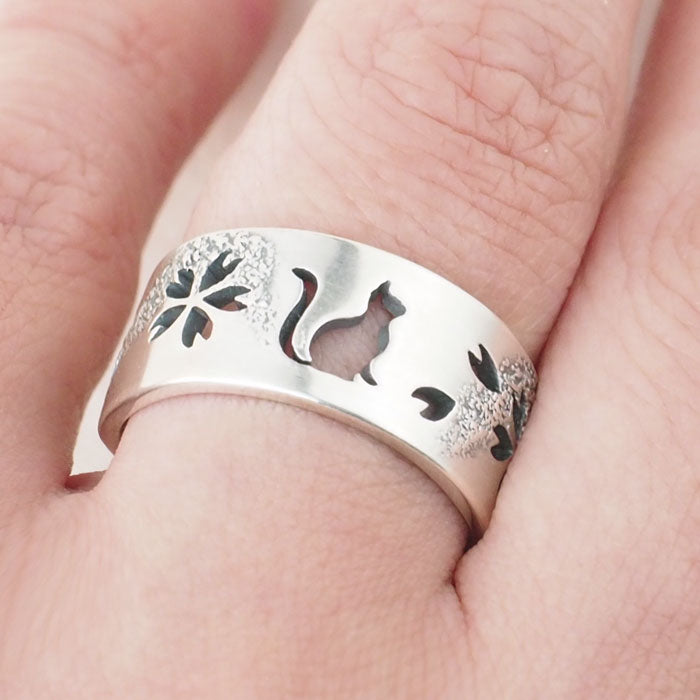 S Japanese pattern accessories Kasumi Sakura x Cat openwork ring 8mm width Silver 925 Smoked finish Women Men [S-Rn-S] Handmade Handcrafted Jewelry Artist Saori Miura 