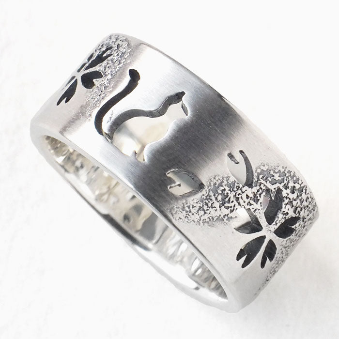 S Japanese pattern accessories Kasumi Sakura x Cat openwork ring 8mm width Silver 925 Smoked finish Women Men [S-Rn-S] Handmade Handcrafted Jewelry Artist Saori Miura 