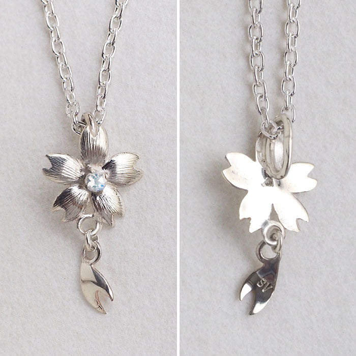 S Sakura Necklace Silver 925 with Stones, Single Sakura Type [S-Ts-01s] Saori Miura Handmade Accessories 