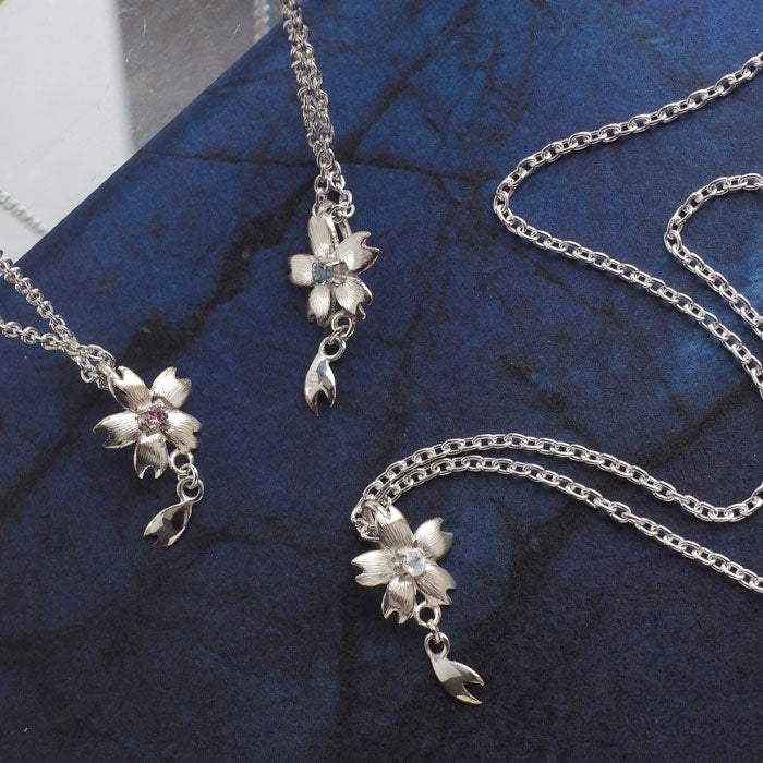 S Sakura Necklace 925 Silver with Stone 1 Cherry Blossom Type [S-Ts-01s] Saori Miura Handmade Accessory