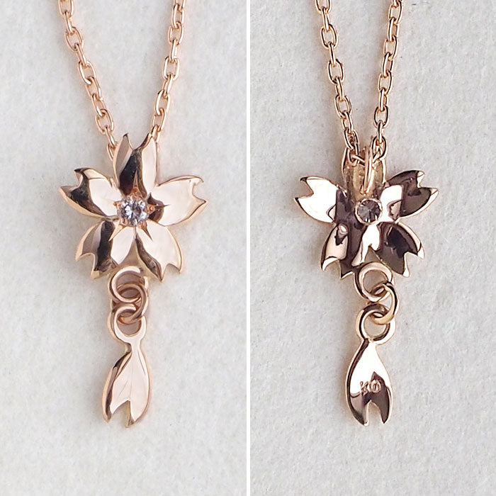 S Sakura Necklace 10K Pink Gold with Stones, Single Sakura [S-Ts1 S Sakura Necklace 10K Pink Gold with Stones, Single Sakura [S-Ts1