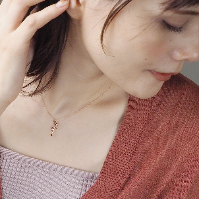 S Sakura Necklace 10K Pink Gold with Stones, 2 Sakura Shapes [S-Ts2-10p] Saori Miura Handmade Accessories 
