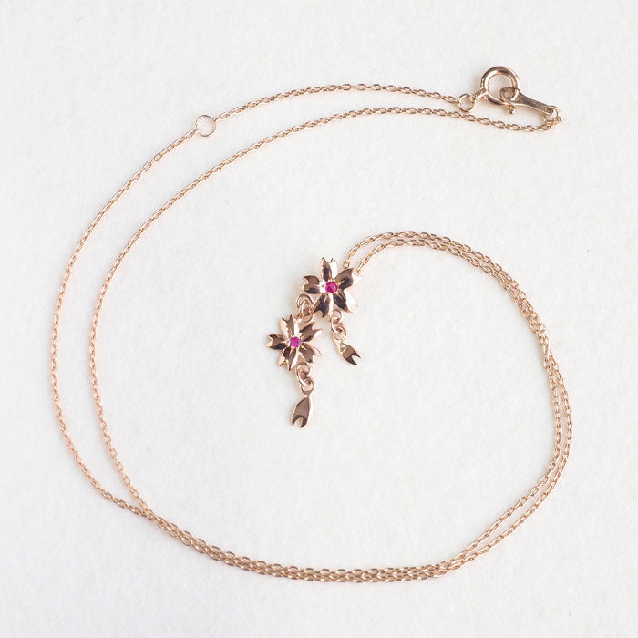 S Sakura Necklace 10K Pink Gold with Stones, 2 Sakura Shapes [S-Ts2-10p] Saori Miura Handmade Accessories 