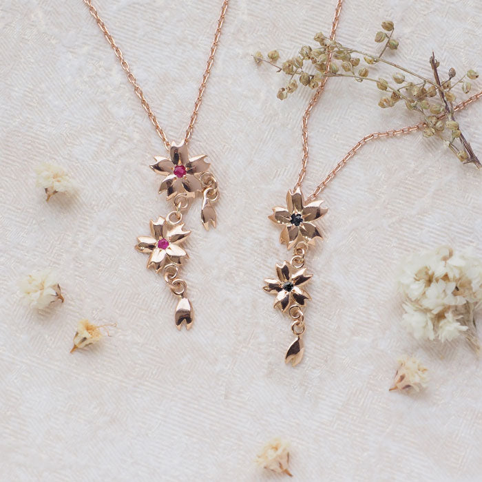 S Sakura Necklace 10K Pink Gold with Stones, 2 Sakura Shapes [S-Ts2-10p] Saori Miura Handmade Accessories 