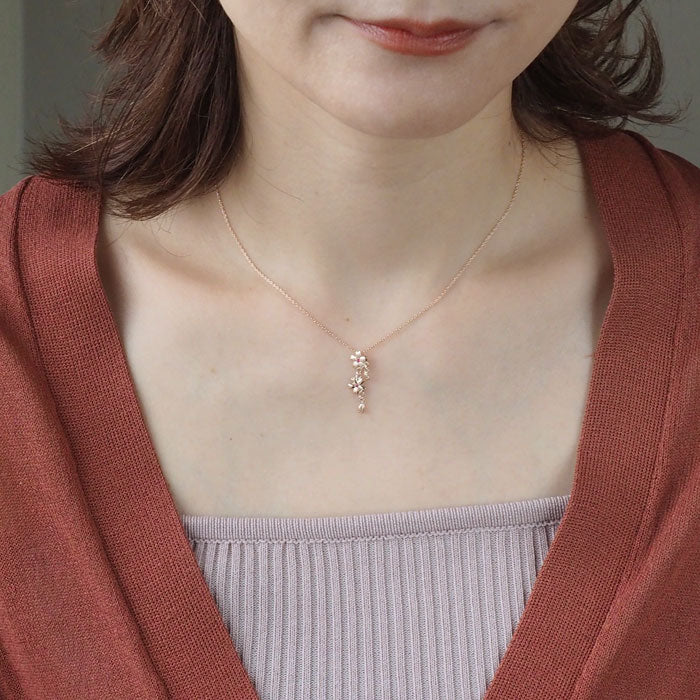S Sakura Necklace 10K Pink Gold with Stones, 2 Sakura Shapes [S-Ts2-10p] Saori Miura Handmade Accessories 
