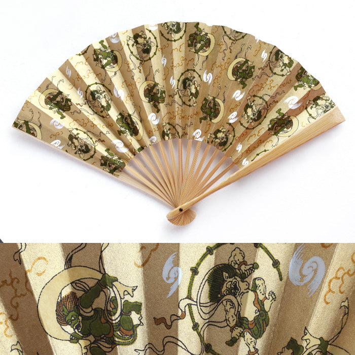 Kyoto Shogado Yuzen Washi Fan, Fujin Raijin [SGD-FAN-FUJIN] Men's and Women's Japanese Pattern Paper Fan, Stylish, Unique, Gold