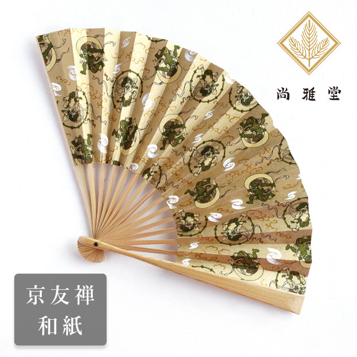 Kyoto Shogado Yuzen Washi Fan, Fujin Raijin [SGD-FAN-FUJIN] Men's and Women's Japanese Pattern Paper Fan, Stylish, Unique, Gold