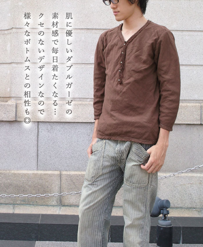 [32 colors available] Gauze clothing workshop garage Double gauze V-neck front opening T-shirt 3/4 sleeves Men's [TS-45-7S] 