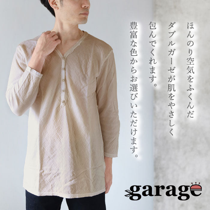 [32 colors available] Gauze clothing workshop garage Double gauze V-neck front opening T-shirt 3/4 sleeves Men's [TS-45-7S] 
