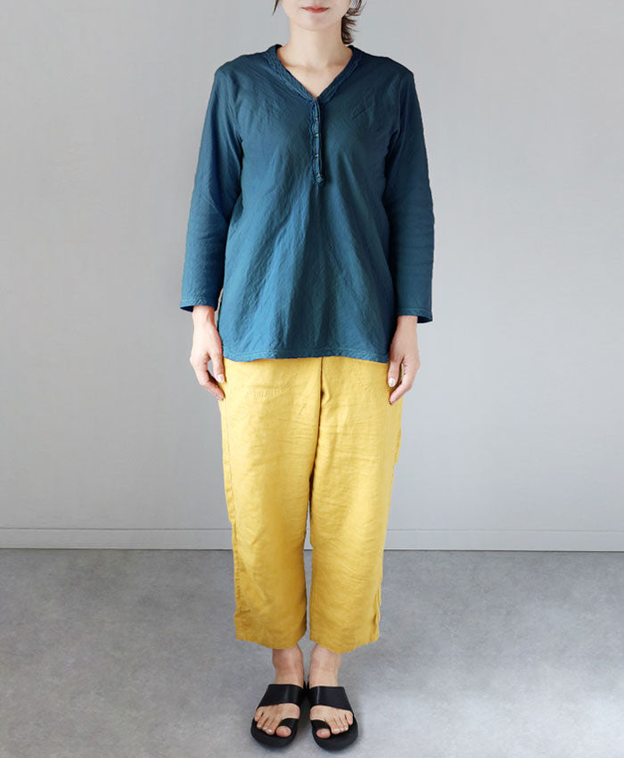 [32 colors available] Gauze clothing workshop garage Double gauze V-neck front opening T-shirt 3/4 sleeves Women's [TS-48-7S] 