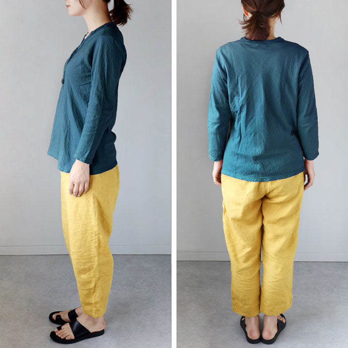 [32 colors available] Gauze clothing workshop garage Double gauze V-neck front opening T-shirt 3/4 sleeves Women's [TS-48-7S] 