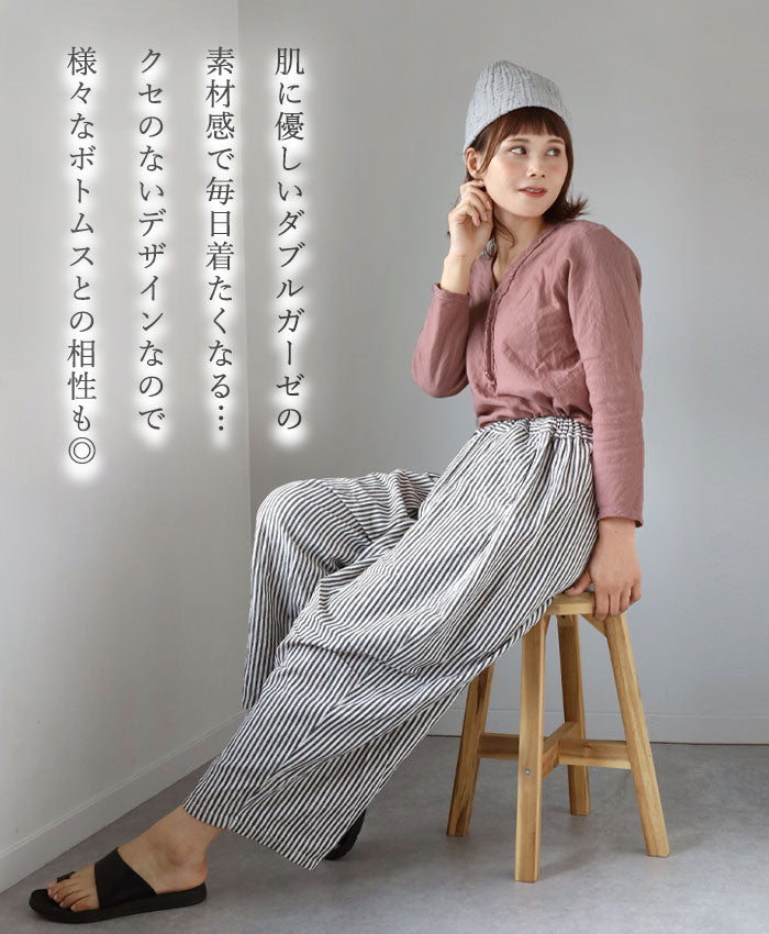 [32 colors available] Gauze clothing workshop garage Double gauze V-neck front opening T-shirt 3/4 sleeves Women's [TS-48-7S] 