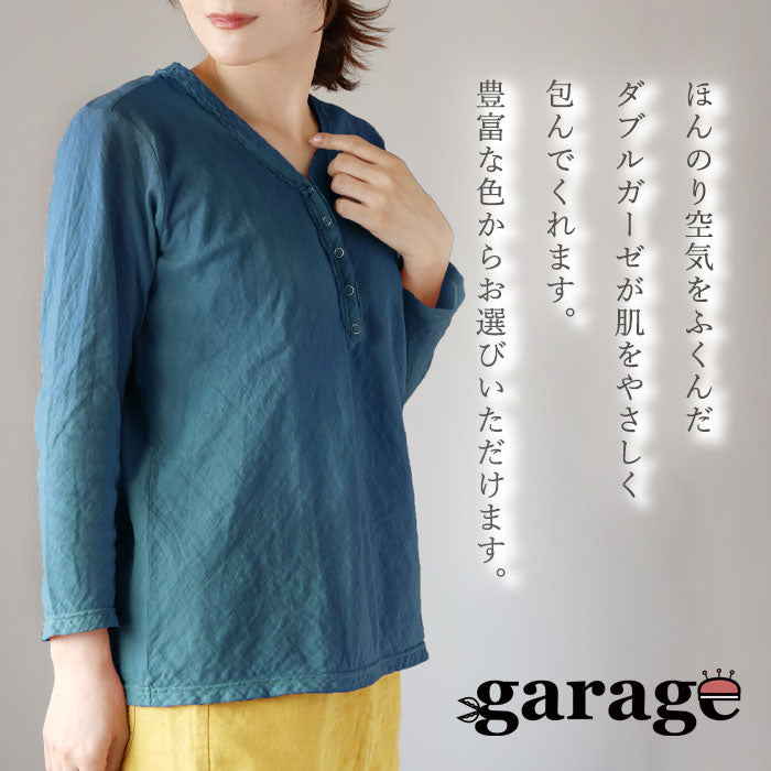 [32 colors available] Gauze clothing workshop garage Double gauze V-neck front opening T-shirt 3/4 sleeves Women's [TS-48-7S] 