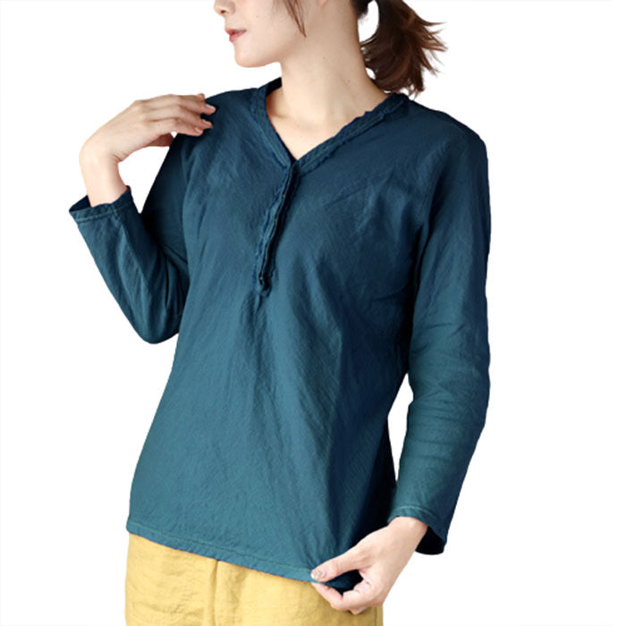 [32 colors available] Gauze clothing workshop garage Double gauze V-neck front opening T-shirt 3/4 sleeves Women's [TS-48-7S] 