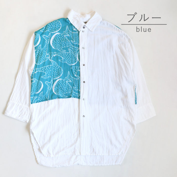 【2色】ガーゼ服工房 garage（ガラージ）ダブルガーゼ ジンベイザメ フラップシャツ メンズ レディース [TS-96]  中西達也・中西陽子 ガーゼ服 ハンドメイド ブランド