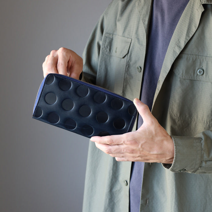 ZOO Wallet Long Wallet Italian Leather Dot Pattern Round Zipper Navy Caracal Wallet [Z-ZLW-077-NV] 