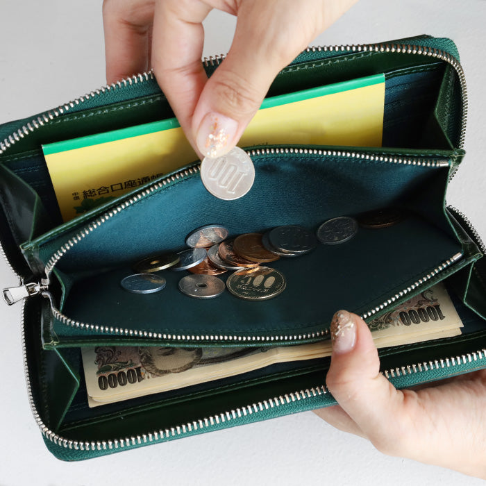 ZOO(ズー) 財布 長財布 イタリアンレザー ブロックチェック ラウンドファスナー グリーン カラカルウォレット[Z-ZLW-079-GR]