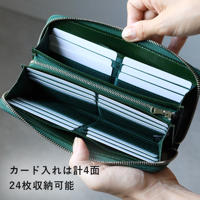 ZOO Wallet Long Wallet Italian Leather Block Check Round Zipper Green Caracal Wallet [Z-ZLW-079-GR] 