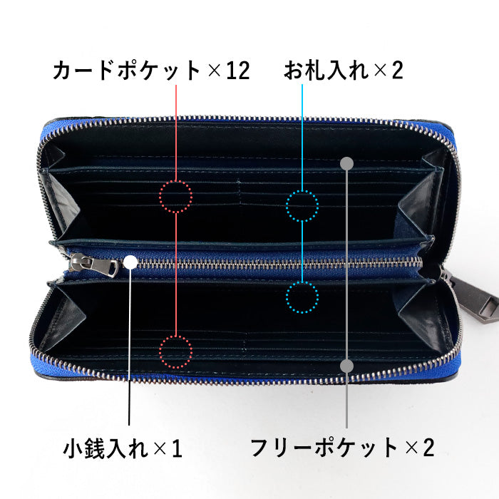 P革 右用 Lサイズ9 .Sサイズ2ロイヤルブルー 2ZK-29222 ZOO(ズー) 財布 長財布 ゾウ革 ドット柄 ラウンドファスナー ロング