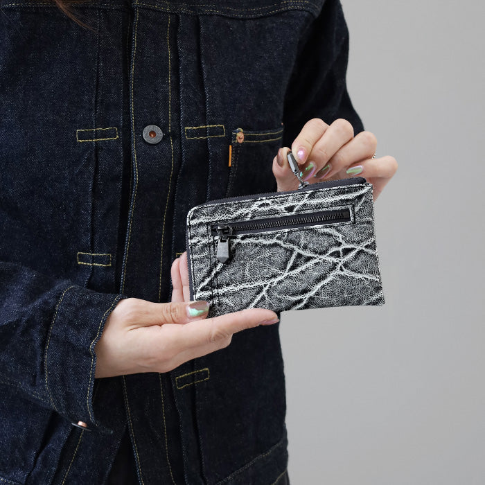 ZOO (ズー) ゾウ革 財布 薄型 L字ファスナー ミドルウォレット ブラッククラッシュ 象革 日本製 メンズ レディース [Z-ZMW-030]