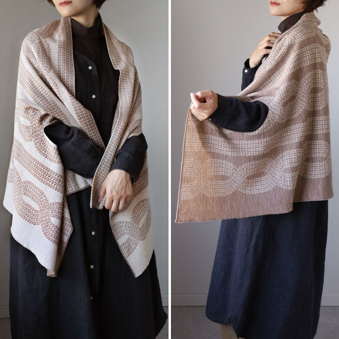 mino nico Stole Poncho Wool 100% Large Rope Pattern Ladies [214-04-05] Niigata Prefecture Gosen City Gosen Knit Brand