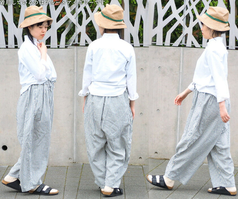 DEEP BLUE (deep blue) cotton hemp stripe BIG culottes [72832] Okayama Kurashiki Kojima jeans brand 