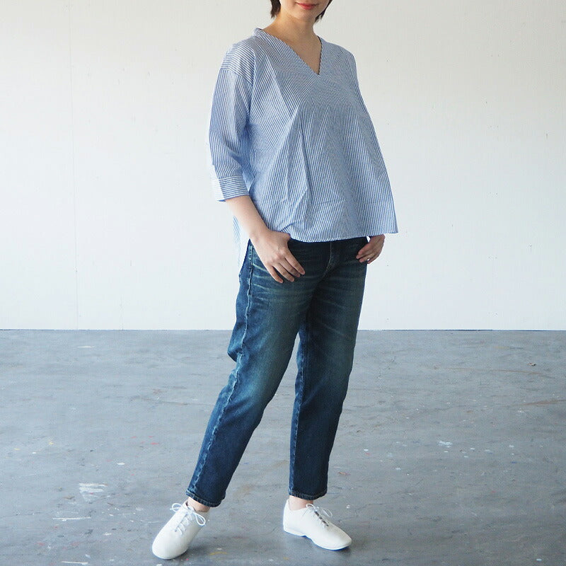DEEP BLUE 10oz Stretch Denim Ankle Length Tapered Boyfriend Pants Blue [73966-1] Okayama Kurashiki Kojima Jeans Brand 