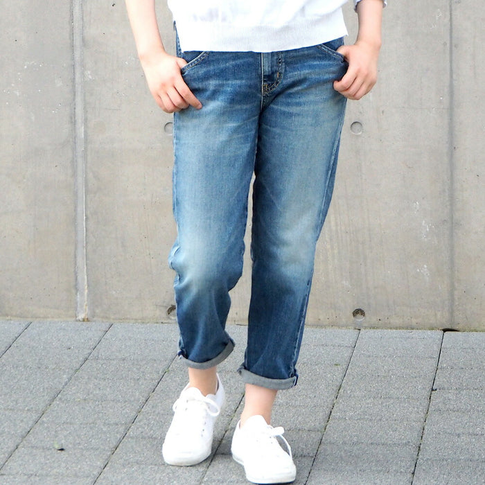 DEEP BLUE 10oz Stretch Denim Ankle Length Tapered Boyfriend Jeans Medium Blue [73966-MBL] Okayama Kurashiki Kojima Jeans Brand 