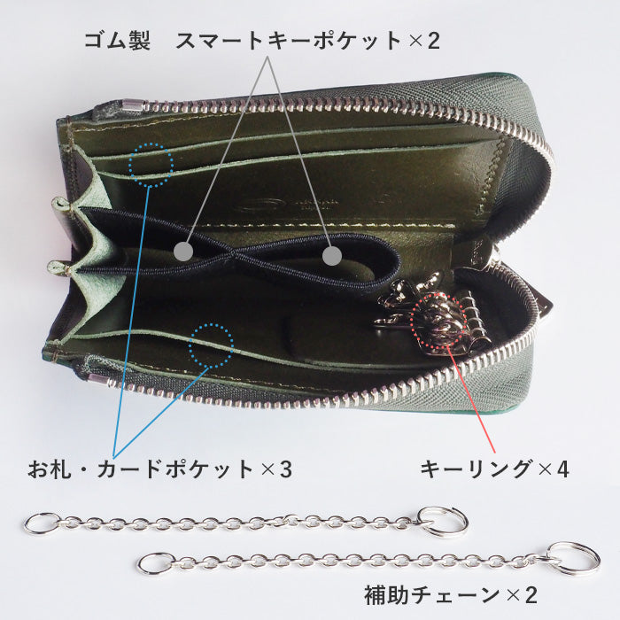 [Can store 2 smart keys, cards, banknotes, etc.] ANNAK smart key case wallet Himeji leather green [AK22TA-D0020-GRN] 