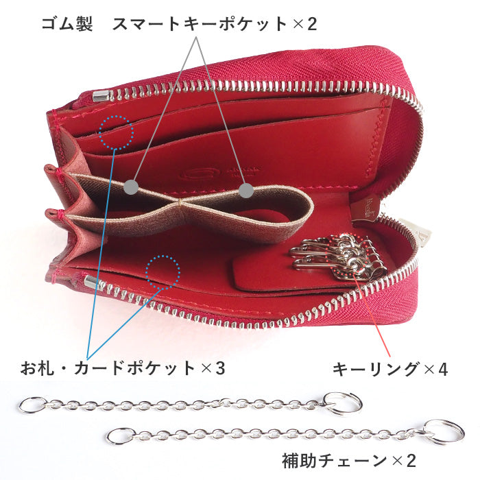 [Can store 2 smart keys, cards, banknotes, etc.] ANNAK smart key case wallet Himeji leather red [AK22TA-D0020-RED] 