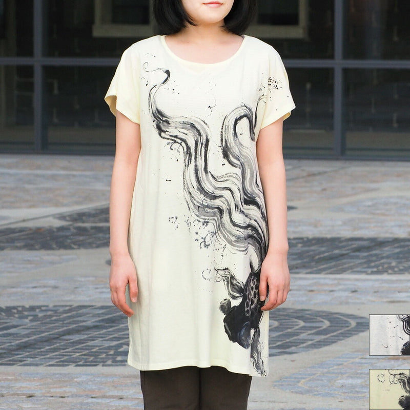 【2色】碧（あお） 手描き 友禅 和柄 ドルマンワンピース メガ黒出目金 半袖 レディース [AO-OP-01]