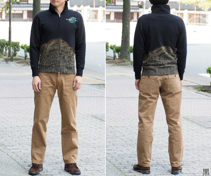 Ao Hand-painted Yuzen Japanese Pattern Zip Up Sweatshirt Long Sleeve Autumn Grass and Bat Men's [AO-SW-01] 