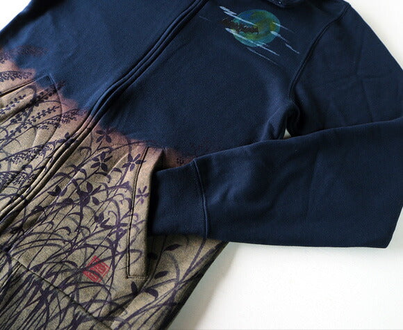 Ao Hand-painted Yuzen Japanese Pattern Zip Up Sweatshirt Long Sleeve Autumn Grass and Bat Men's [AO-SW-01] 
