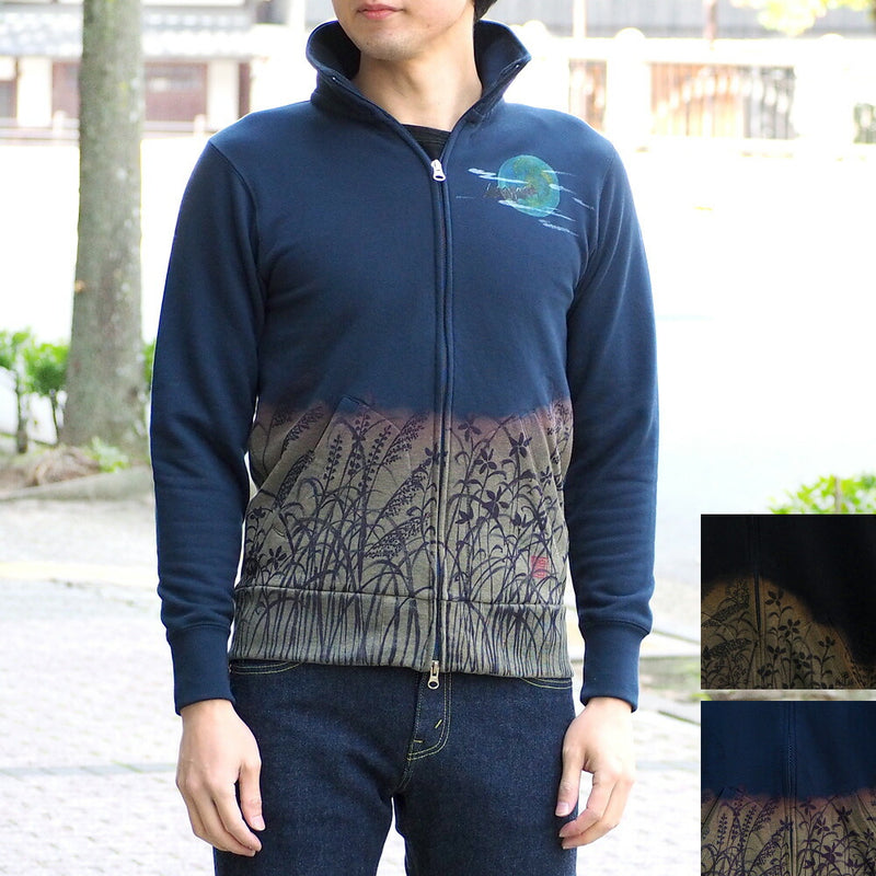 Ao Hand-painted Yuzen Japanese Pattern Zip Up Sweatshirt Long Sleeve Autumn Grass and Bat Men's [AO-SW-01] 