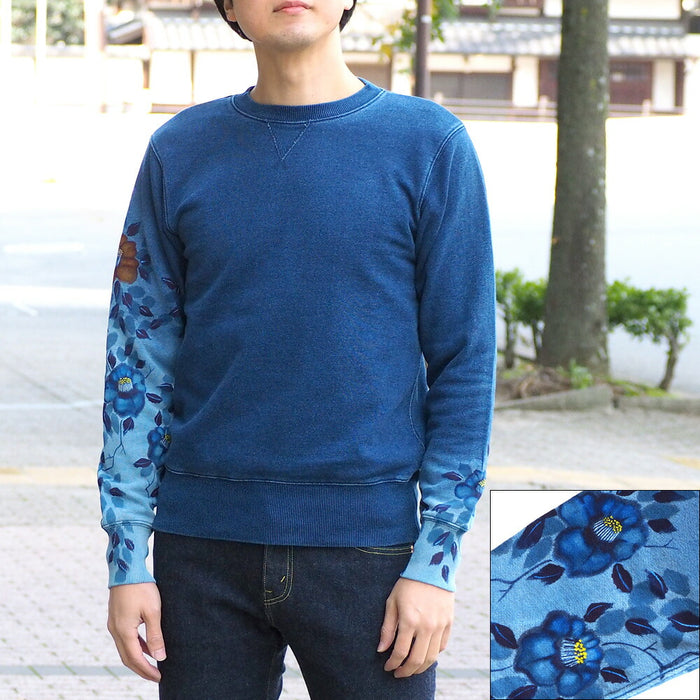 Ao Hand-painted Yuzen Japanese Pattern Sweatshirt Long Sleeve Wabi Sabi Yuraku Camellia Indigo Men's [AO-TR-IND01] 