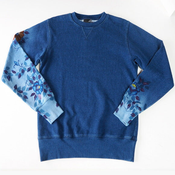 Ao Hand-painted Yuzen Japanese Pattern Sweatshirt Long Sleeve Wabi Sabi Yuraku Camellia Indigo Men's [AO-TR-IND01] 