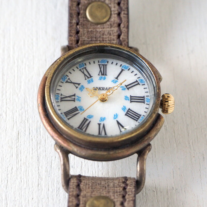 ARKRAFT（アークラフト）手作り腕時計“Drake Small” ホワイトシェル文字盤 ブルードット プレミアムストラップ [AR-C-021-WH-BL]