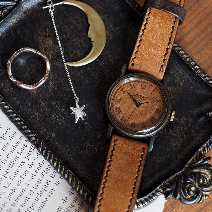 ARKRAFT Watchmaker Hidekazu Araki Handmade Watch “Dennis Medium” Leather Dial Roman Numerals Pueblo Camel [AR-C-028] 