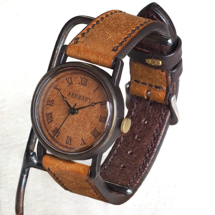 ARKRAFT Watchmaker Hidekazu Araki Handmade Watch “Dennis Medium” Leather Dial Roman Numerals Pueblo Camel [AR-C-028] 