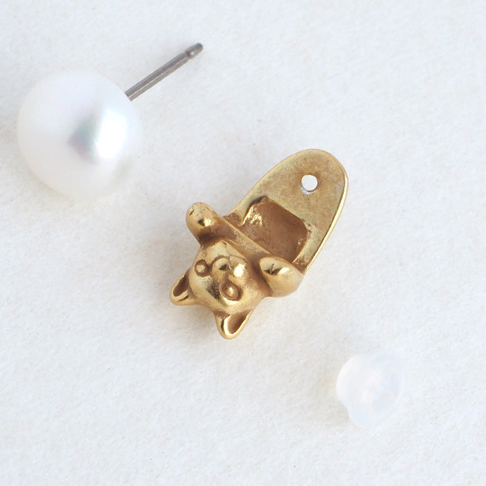 naturama Pearl and Cat Earrings Brass 18K Gold Coating Antique Processing One Ear [AY26] 