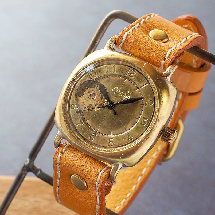 渡辺工房 手作り腕時計 オープンハート 手巻き式 真鍮クッションケース 34mm アラビア数字 ミシンステッチベルト [BHW143-MS]